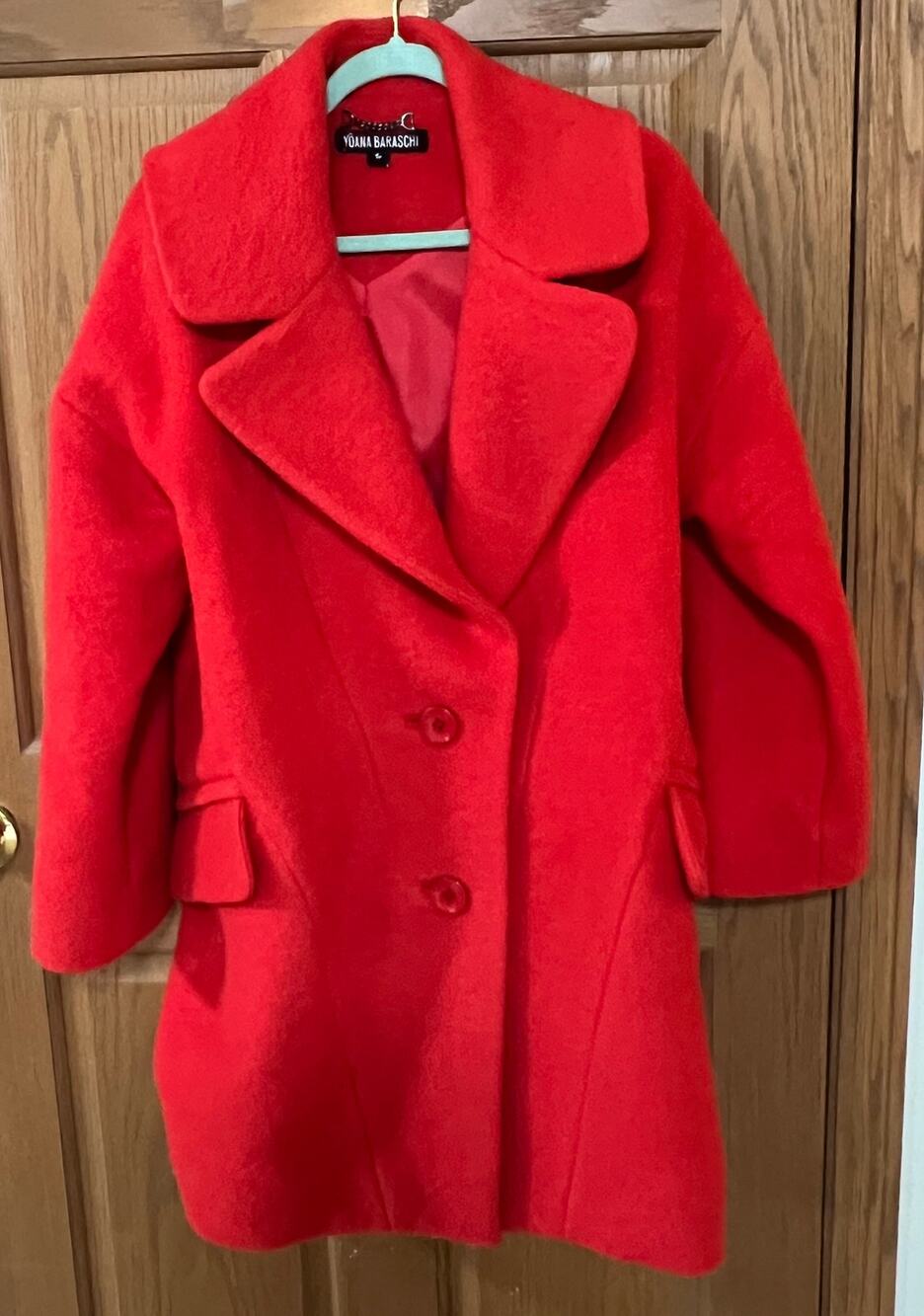 Yoana Baraschi 80% Wool Red Coat Shawl Collar Double Breasted Designer